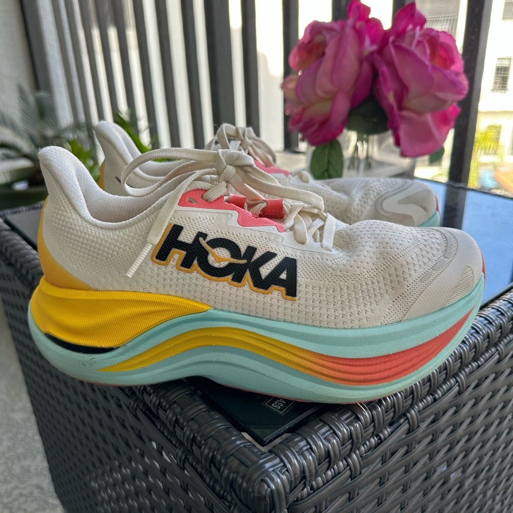 Hoka White and Yellow Athletic Shoes with Maximum Cushioning and Breathable Mesh